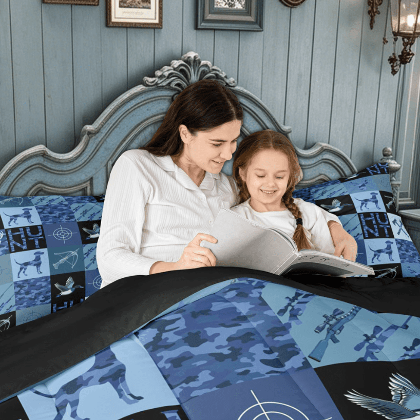 Manfei Farmhouse Dog Duck Wildlife Bedding Comforter Set for Kids Boys, Blue Rustic Camouflage Twin Comforter Sets, Black Reversible, 2-Piece