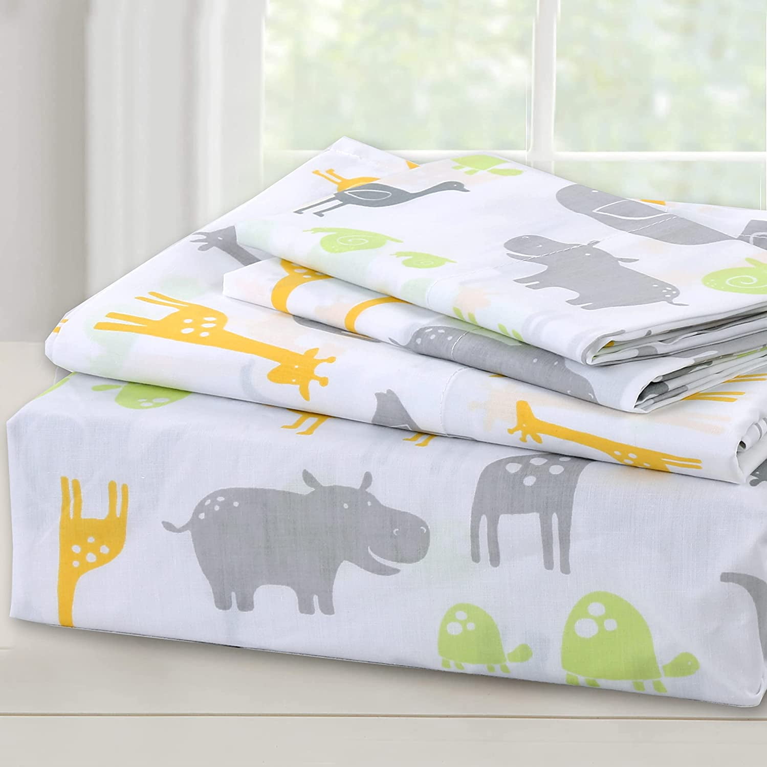 3-Piece Cotton Toddler Sheet Set for Kids Boys & Girls (Animals, Fish, Sports, Floral) SafariAnimals