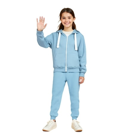 Kids Tracksuit Athletic Sweatsuits Sets 2 Piece Long Sleeve Blue Zip Up Hooded Sweatsuits Sweatpants Set Winter Clothes Boys Girls Jogger Set 6-7 Years