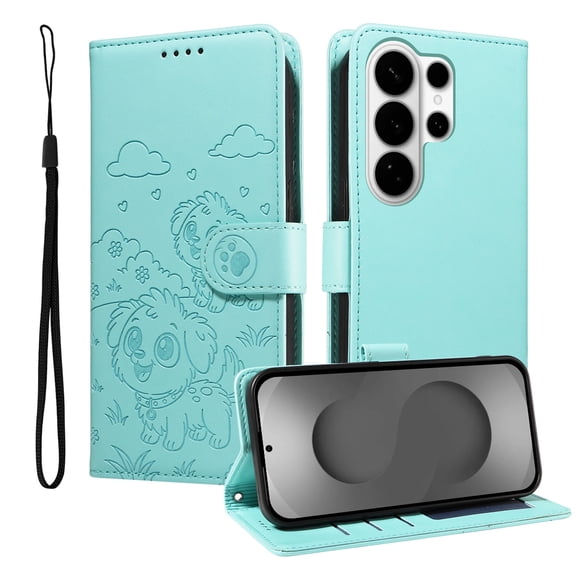 For Samsung Galaxy S26 Ultra Case, Cute Dogs Embossed Flip Cover Stand RFID Blocking Cards Slots Wallet Case with Lanyard, Green
