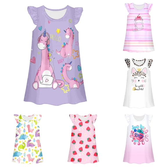 WhouRiu Girls Summer Cartoon Graphic Dresses Sleeveless Flutter Sleeve Crew Neck Dress Kids Comfortable Cute Party Nightgown,7-8 Years