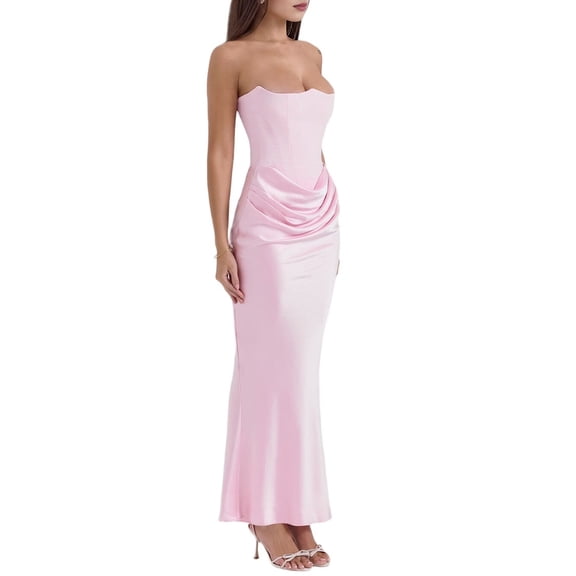 Women'S Bodycon Dress with A Cinched Waist Strapless Design Off-the-Shoulder Style with Boning Pink S