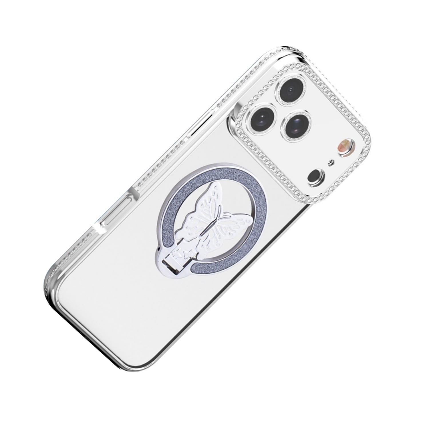 Stylish Shiny Butterfly Stand Case for iPhone 17 Pro - Silver