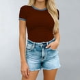 thumbnail image 4 of GUACER Women's Short Sleeve T Shirts Fashion Contrast Denim Trim Crew Neck Casual Tops Slim Fit Tee, 4 of 5