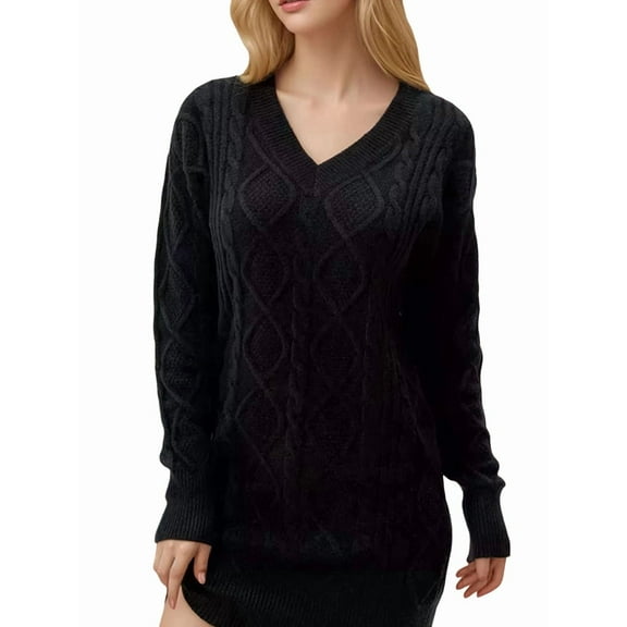 Womens V Neck Mini Sweater Dress Cable Knit Long Sleeve Casual Loose Fall Tunic Pullover Sweaters Black XL