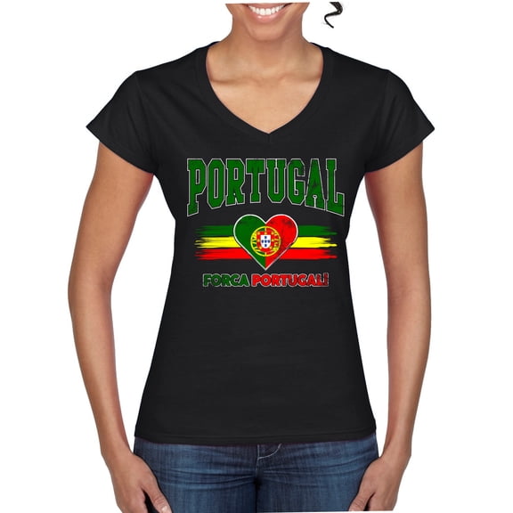Wild Bobby Portugal Flag Heart Forca Portugal Graphic | Women's Novelty T-Shirt | Soccer Football Fan Game Day Gift for Her Women Standard V-Neck Tee
