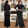 thumbnail image 3 of Women Black Rhinestone Mermaid Evening Gown High Neck Long Sleeve Side Split Formal Maxi Dress, 3 of 6