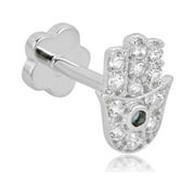 AVORA 14K White Gold Simulated Diamond CZ Hamsa Cartilage Piercing Flat Back Earring Body Jewelry (18 Gauge)