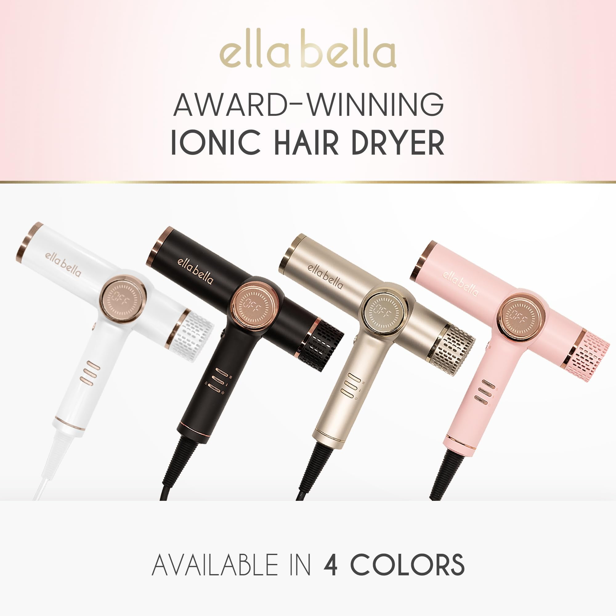 ELLA BELLA® Professional Ionic Hair Dryer with Diffuser, Negative Ion Blow Dryer, Suitable All Hair Types • Intelligent Heat Control & Rapid Drying Speeds • Lightweight Design & Low Noise (White)