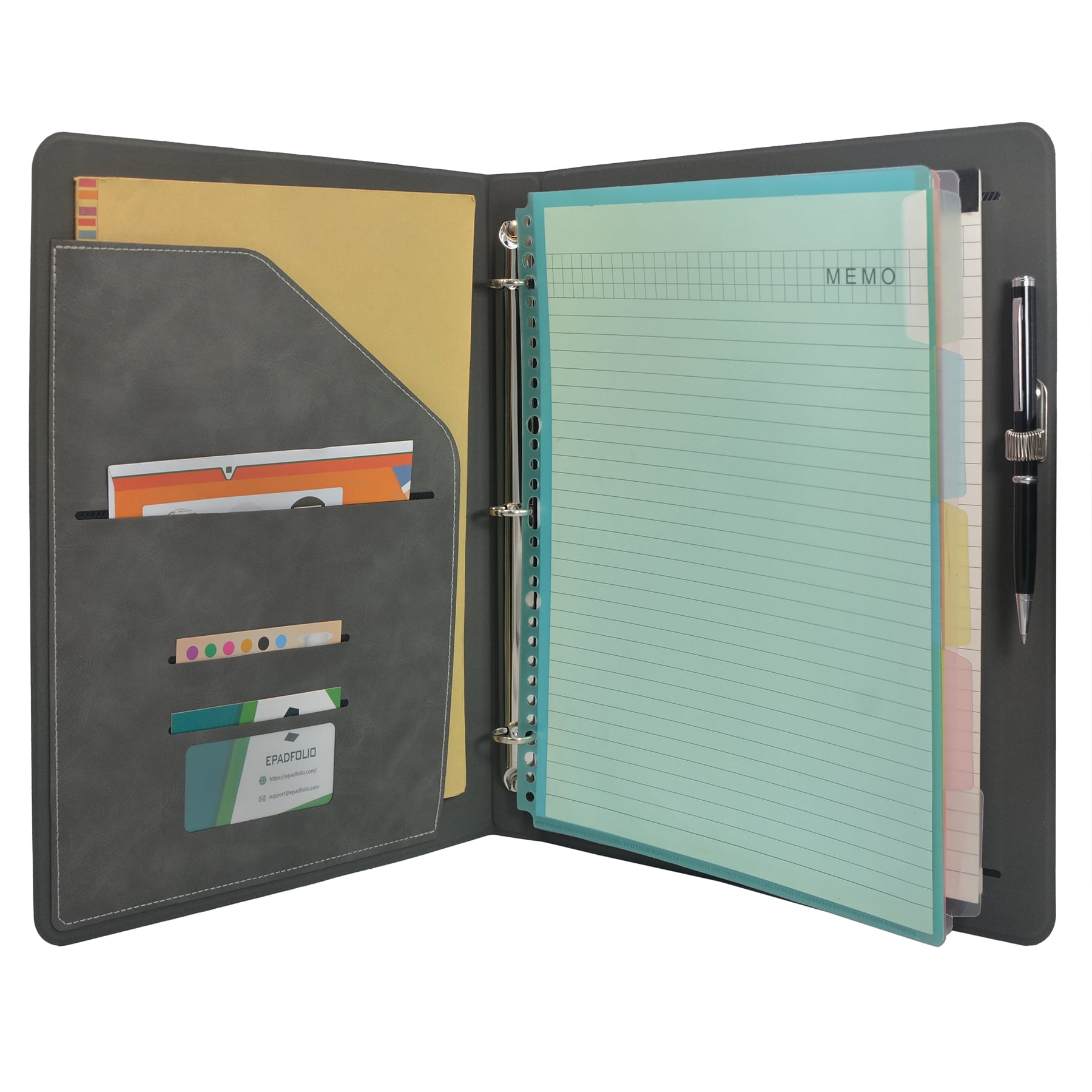 3 Ring Binder Padfolio Clipboard Case with Color File Folders, PU Leather Padfolio Ring Binder with Clipboard