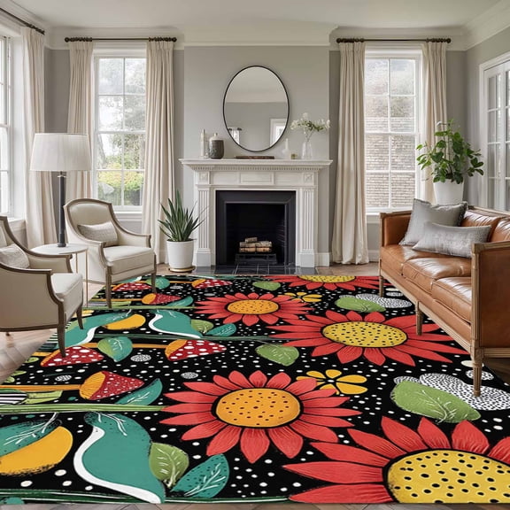 6'x9' Area Rugs, Vintage Sunflower Indoor Outdoor Area Rug for Living Room Bedroom, Boho Retro Summer Botanical Black Washable Bathroom Rugs Kitchen Floor Carpet Mats Home Decor Aesthetic