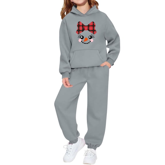 Fesfesfes Kids Winter Printed Hooded Sweatshirt with Cuffed Jogger Pants Fleece Lined Warm 2 Piece Set Boys Girls Casual Sporty Outfit Long Sleeve Hoodie Tracksuit(Gray,5-6 Years)