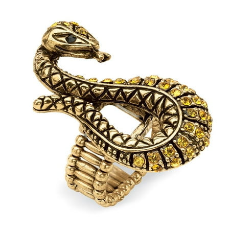Gold Tone Green Ring - Crystal Serpent Stretch Ring in Antiqued Yellow Gold Tone