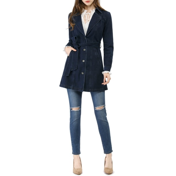 Chaqueta de mezclilla larga con cinturón y botones de manga larga con solapa para mujer INSPIRE CHIC M Azul oscuro