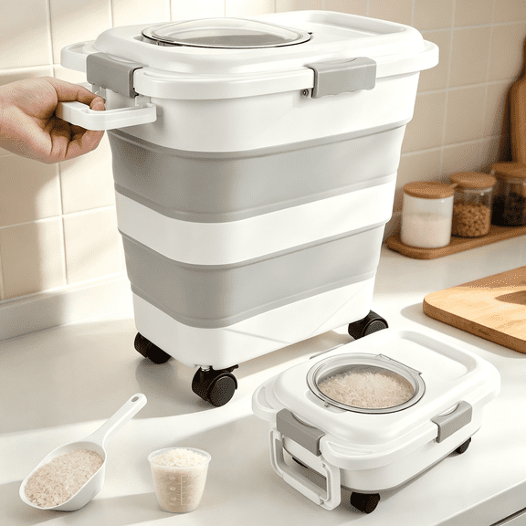 10-40Lbs Collapsible Airtight Food Storage Container, Rice Storage Container with Wheels, Handle and Scoop, Grain Dispenser for Rice, Flour and Pet Dog Food