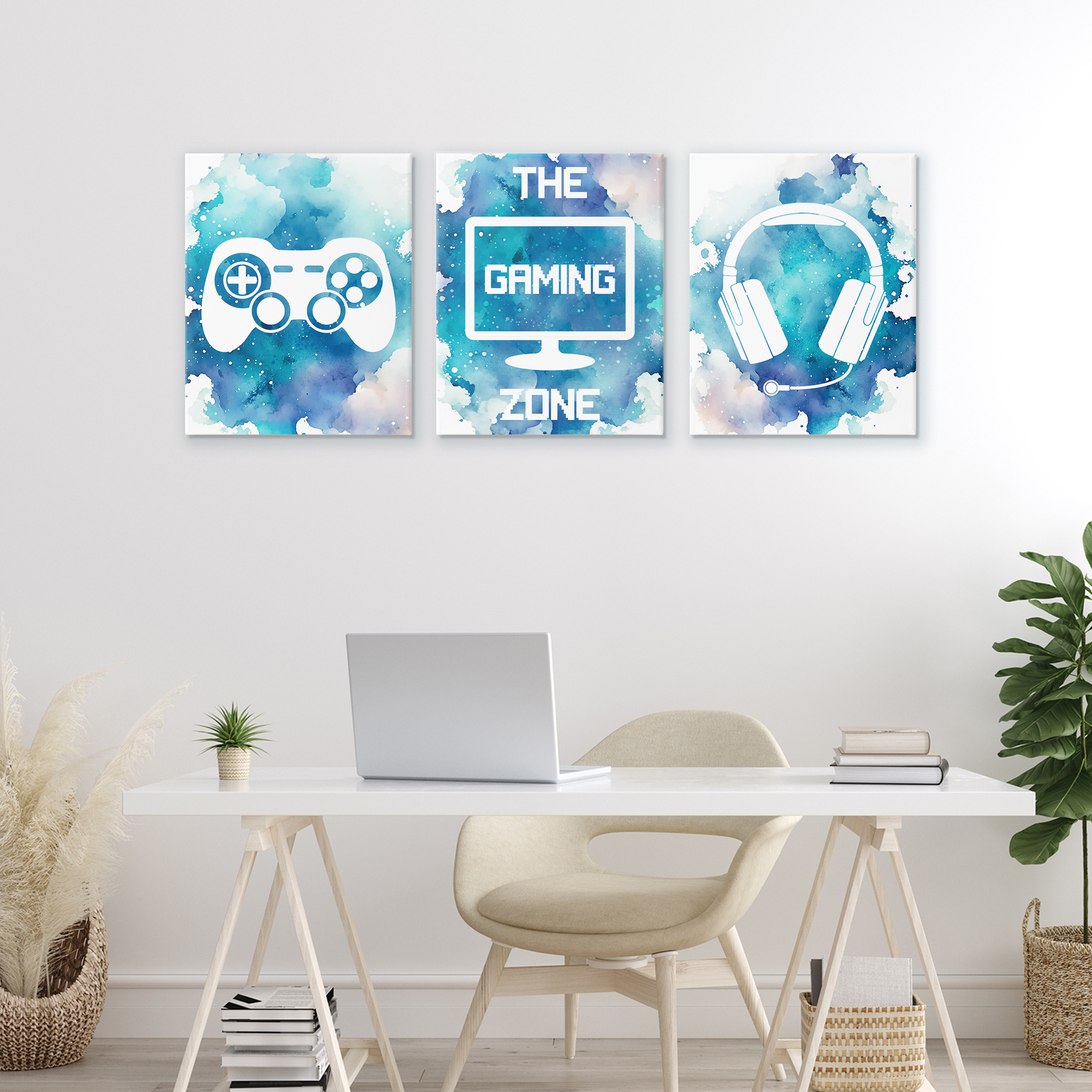 Blue Gamer Splatters 3 Piece Canvas Wall Art Set, design by Marcus Prime