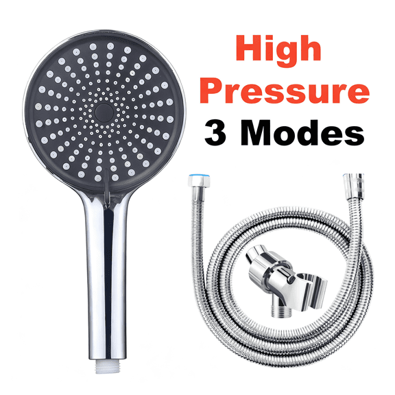 3 Spray Modes Handheld Shower Head, Silver & Black ABS Chrome Showerhead with 59 Inch Stainless Steel Hose & 360° Adjustable Bracket