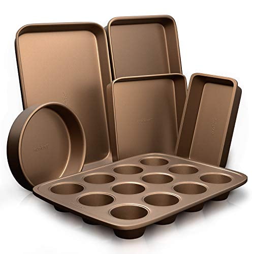 NutriChef 6-Pcs Nonstick Bakeware Set Baking Sheets, Non-Grease Cookie Trays, Wide & Square Bake Pan, Bread Loaf & Round Cake Pan, Designed Not to Wrap or Bend Out of Shape -NCBK6TR7