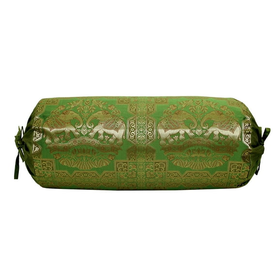 Stylo Culture Indian Tubular Brocade Bolster Pillow Cover Olive Green Gold Floral Jacquard Weave Round Yoga Pillow Traditional Elephant Decorative Cushion Cover - (76x38 cm) | 1 Pc (Cover Only)