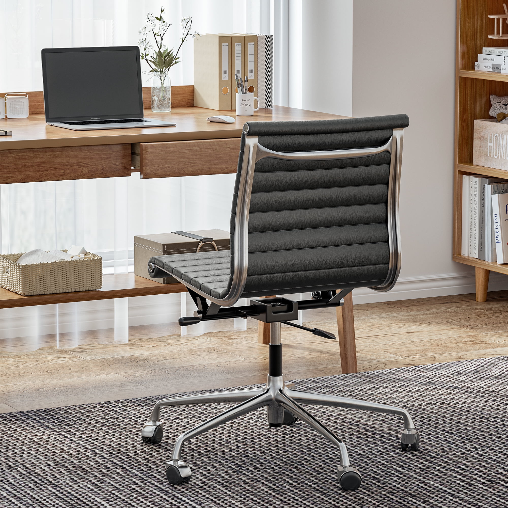 Cottinch Ribbed Office Chair Mid Back Armless Genuine Leather Ergonomic Desk Chair, Adjustable Height Executive Conference Task Chair Swivel Chair for Home Office, Black