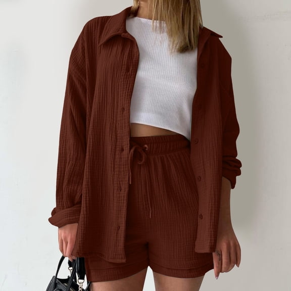 Womens Short Sets Two Piece Outfits for Women Button Down Shirt Casual Loose Shorts Summer Sets for Women