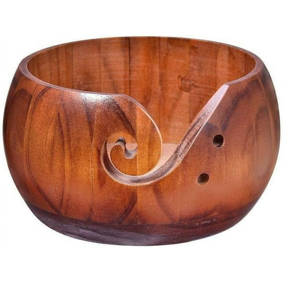 Wooden Yarn Bowl Handmade Crochet Bowl Round Wool Storage Bowl with Holes for DIY Crocheting Knitting Accessories (Large)
