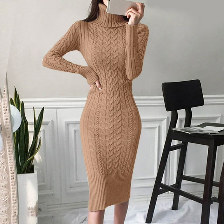 Riforla Womens Long Sleeve Turtleneck Sweater Dresses Knitted Bodycon Midi  Jumper Dresses Dresses for Women Beige L - Walmart.com