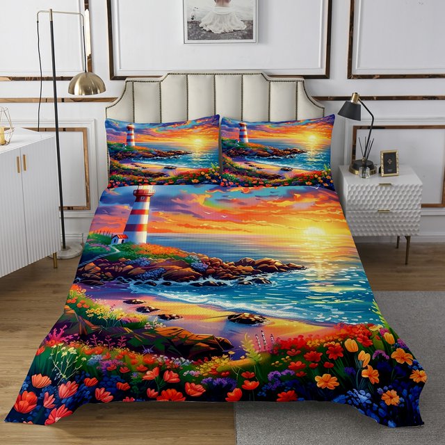 Erosebridal Romantic Beach Coverlet Set Queen, Colorful Flower Bedding Set, Marine Lighthouse Decor