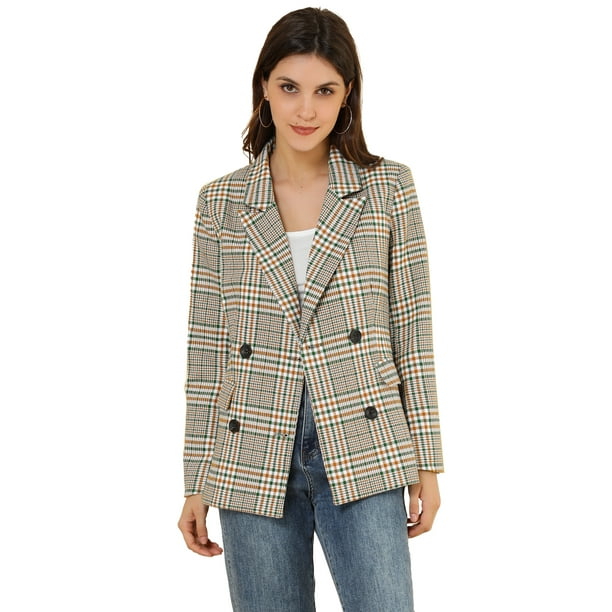 Chaqueta formal Allegra K para mujer Doble Botonadura Solapa con Muesca Trabajo A Cuadros Blanco Verde M