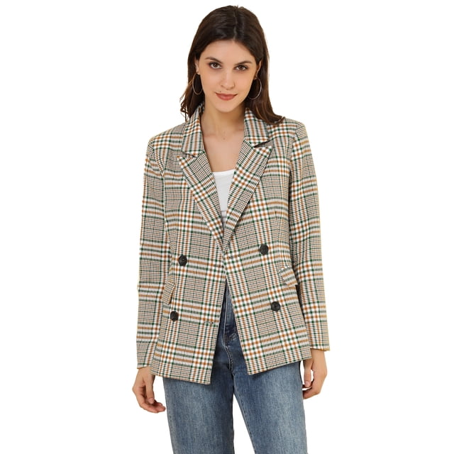 Chaqueta formal Allegra K para mujer Doble Botonadura Solapa con Muesca Trabajo A Cuadros Blanco Verde M