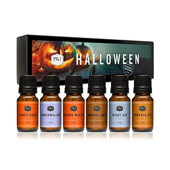 Halloween Set of 6 Fragrance Oils - Premium Grade Scented Oil - 10ml - Autumn Wreath, Pumpkin Pie, Candy Corn, Marshmallow, Night Air, Caramel Corn