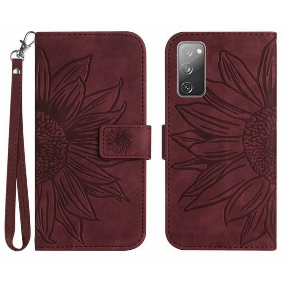 Mantto for Samsung Galaxy S20 FE 6.5 inch Wallet Case with Wrist Strap,Stylish Sunflower Embossed PU Leather Shockproof Protective Magnetic Clasp Flip Kickstand Card Slots Phone Cover,Winered