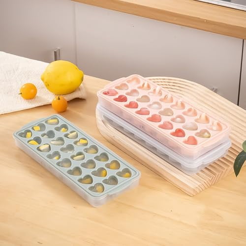 2-Pack Silicone Heart-Shaped Ice Cube Trays with Lid and Storage Bin, 48 Mini Heart Molds, BPA-Free, Dishwasher Safe, Easy Release for Fun Shaped Ice