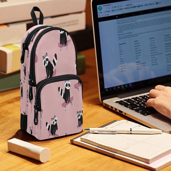 Backpack Pencil Case, 3 Compartment Large Capacity Oxford Fabric Pencil Pouch / Skateboarding Raccoon Pattern
