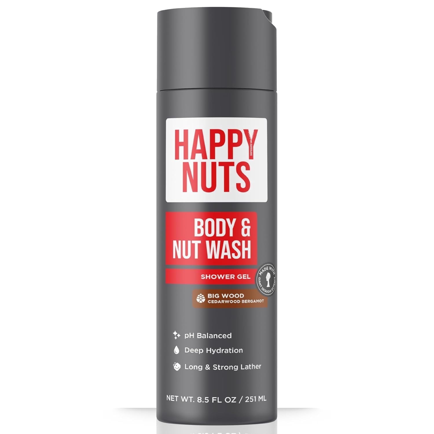 HAPPY NUTS Big Wood Body and Nut Wash, Moisturizing Men's Shower Gel, Natural Bodywash with Deep Cleanse for Sensitive Skin, Men's Body Soap, 8.5 Fl Oz