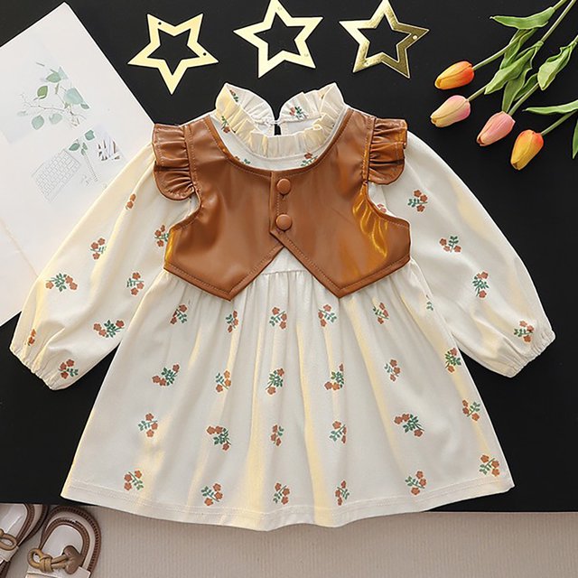 RXIRUCGD Veste Sans Manches en Cuir Décontractée pour Filles Patchwork Imprimé Fleuri Robe à Manches Longues Col Rond (Marron, Taille: 3-4 Ans)