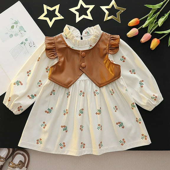 Spazoro Toddler Kids Girls Dress, Princess Loose Bow Fall Winter Long Sleeve Leather Sleeveless Jacket Patchwork Dresses for Girls Brown Size 80