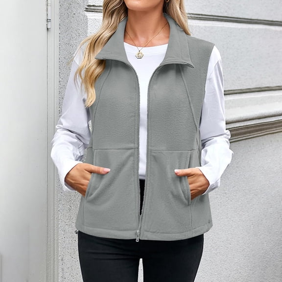 Women Lapel Fuzzy Fleece Vest Casual Sleeveless Zip Up Jacket Travel Holiday Outerwear with Side Pockets Gray S