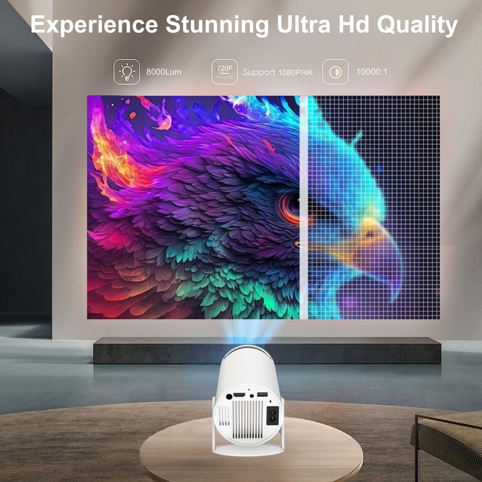 Lumi Beam Projector, 4K UHD LumiBeam Portable Projector with WiFi and Bluetooth, 180° Rotatable Auto Keystone Correction, Eye-Friendly Design, for Reading, Playing, Home Theater