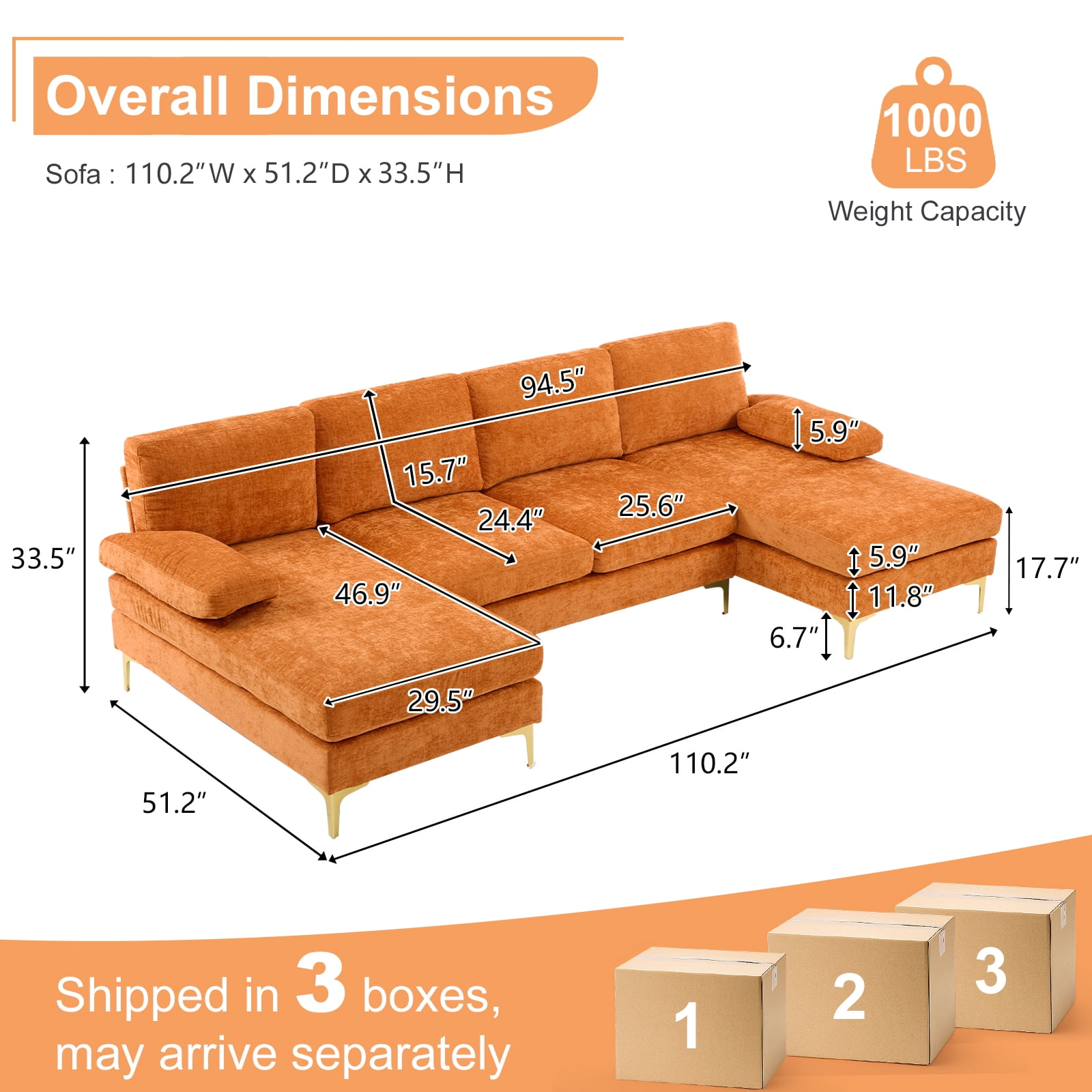 Ktaxon Sectional Sofa Set, 110" U-Shaped Chenille Couch, 4 Seat Lounge Sleeper with Double Chaise for Living Room Orange