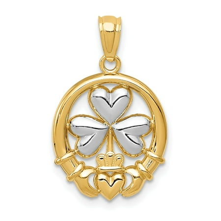 Claddagh White Pendant - 14k Yellow Gold & White Rhodium Two Tone Claddagh and Shamrock Pendant