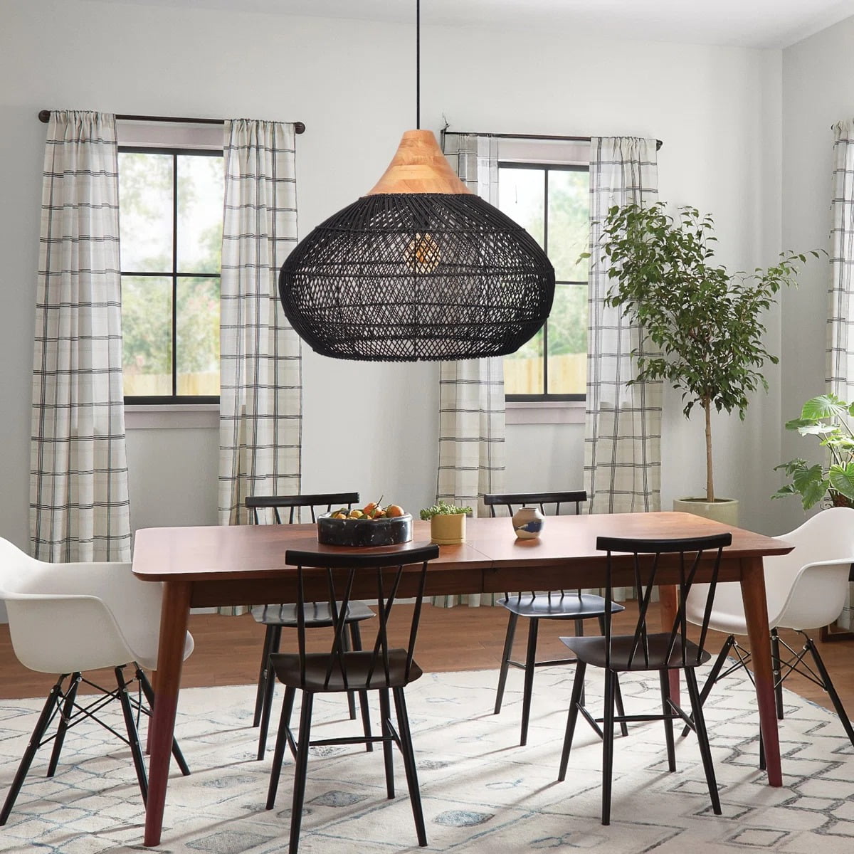 LittleGlovo Rattan Chandelier Hand-Woven Boho Pendant Light Fixtures with Solid Wood Basket Wicker Chandelier for Dining Room Kitchen Island Living Room