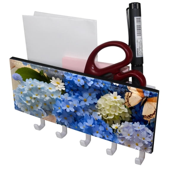 PhooArto Key Holder for Wall Decorative with 5 Key Hooks, Daisies Floral Butterflies Print Holders Wall Mount Organizer with Mail Key Rack, Self Adhesive