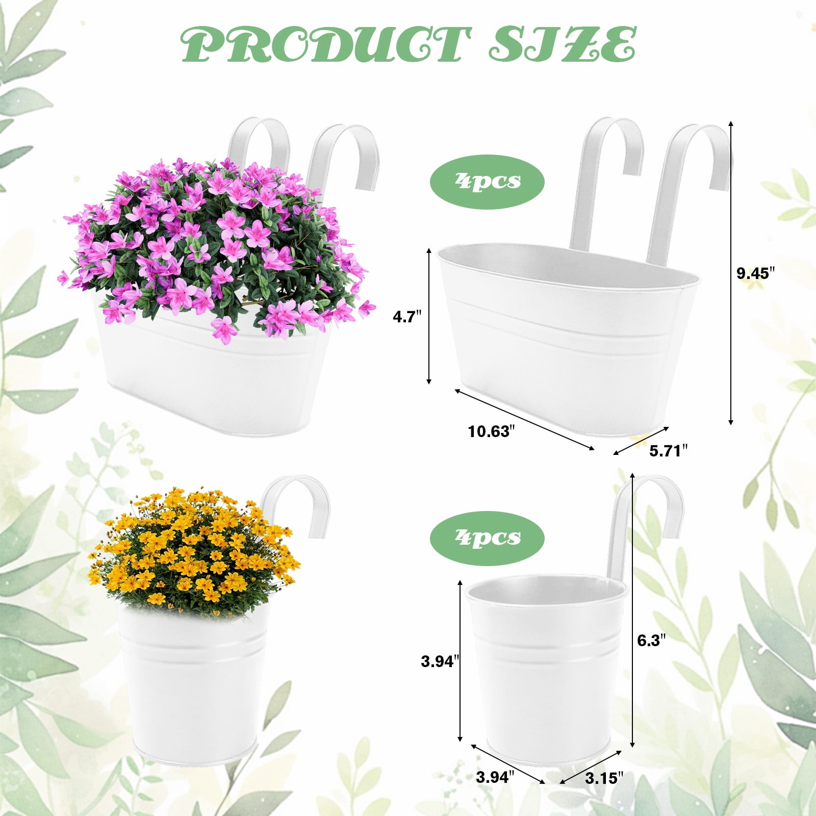 SPOKKI 8Pcs Metal Iron Hanging Flower Pots for Railing,with Detachable Hooks and Drain Holes Oval Hanging Pots Fence Planters for Railing Garden Fence (4pcs 10.6inch+4pcs 4inch)