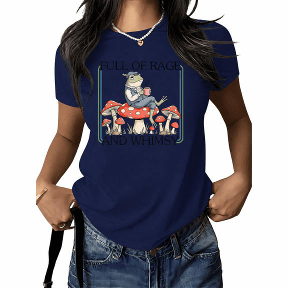 UNISHE Women's Funny Frog Sitting on Mushroom Graphic Short Sleeve T-Shirt Cottagecore Aesthetic Coffee Lover Casual Summer Top