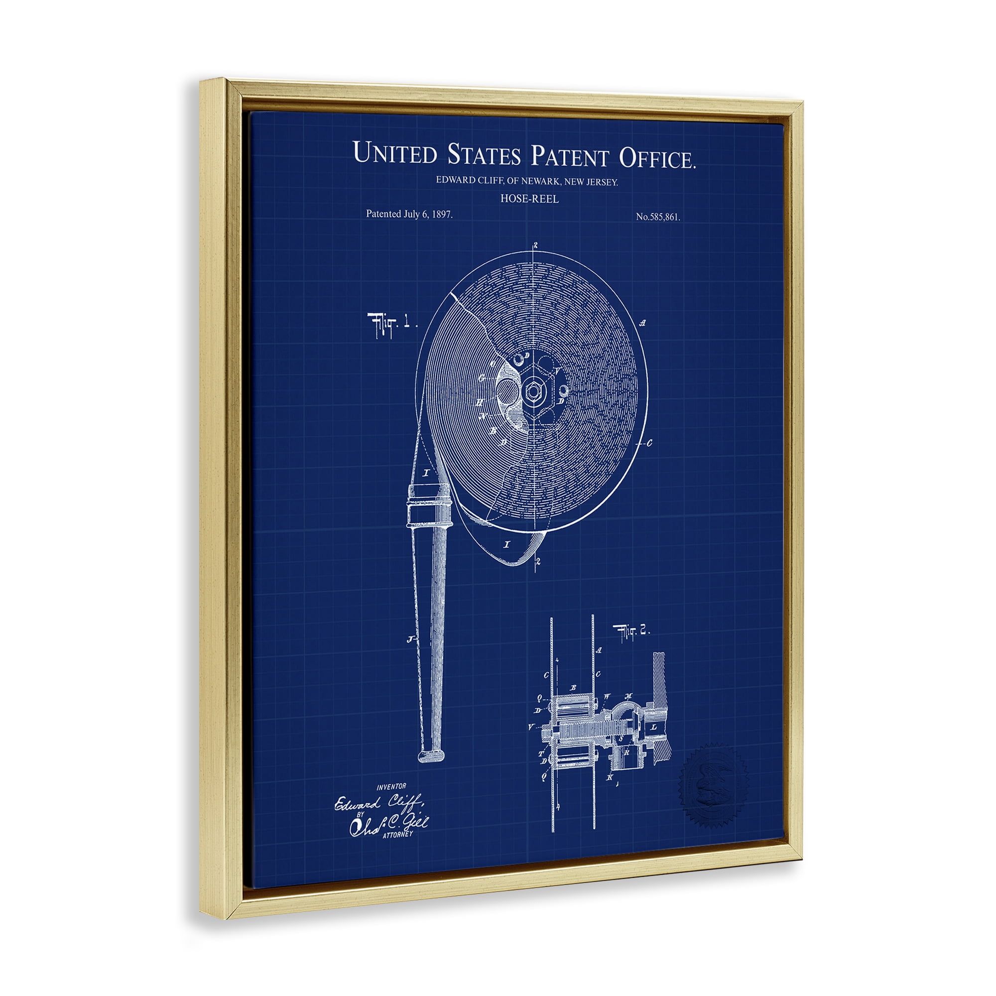 Stupell Industries Hose Reel Blueprint Typography Painting Gold Floater Framed Art Print Wall Art, 17 x 21