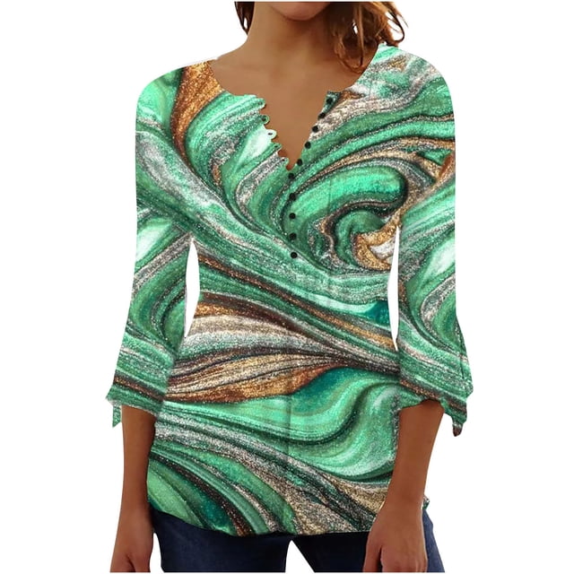 IROINNID en Solde Chemises Grande Taille pour Femmes Col Rond Manches Longues Confortables Imprimé Trompette Boutonné Basique Froncé Hauts Blouses Plissées, Vert