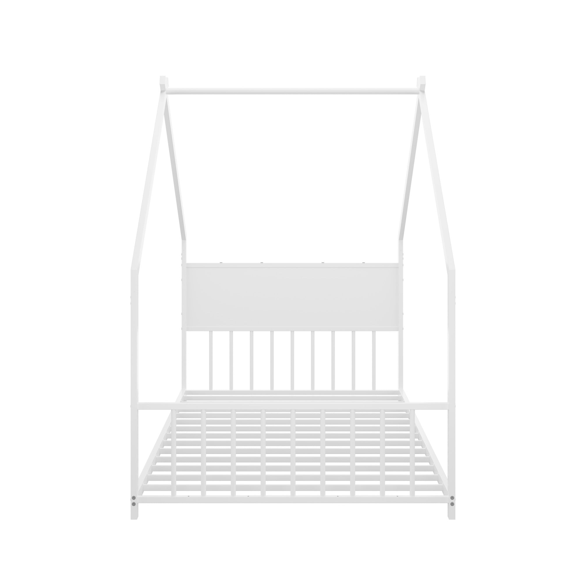 Aukfa Twin Size Metal House Bed with LED Lights, Montessori Floor Bed for Kids & Toddlers, Sturdy Frame, Easy Assembly, White
