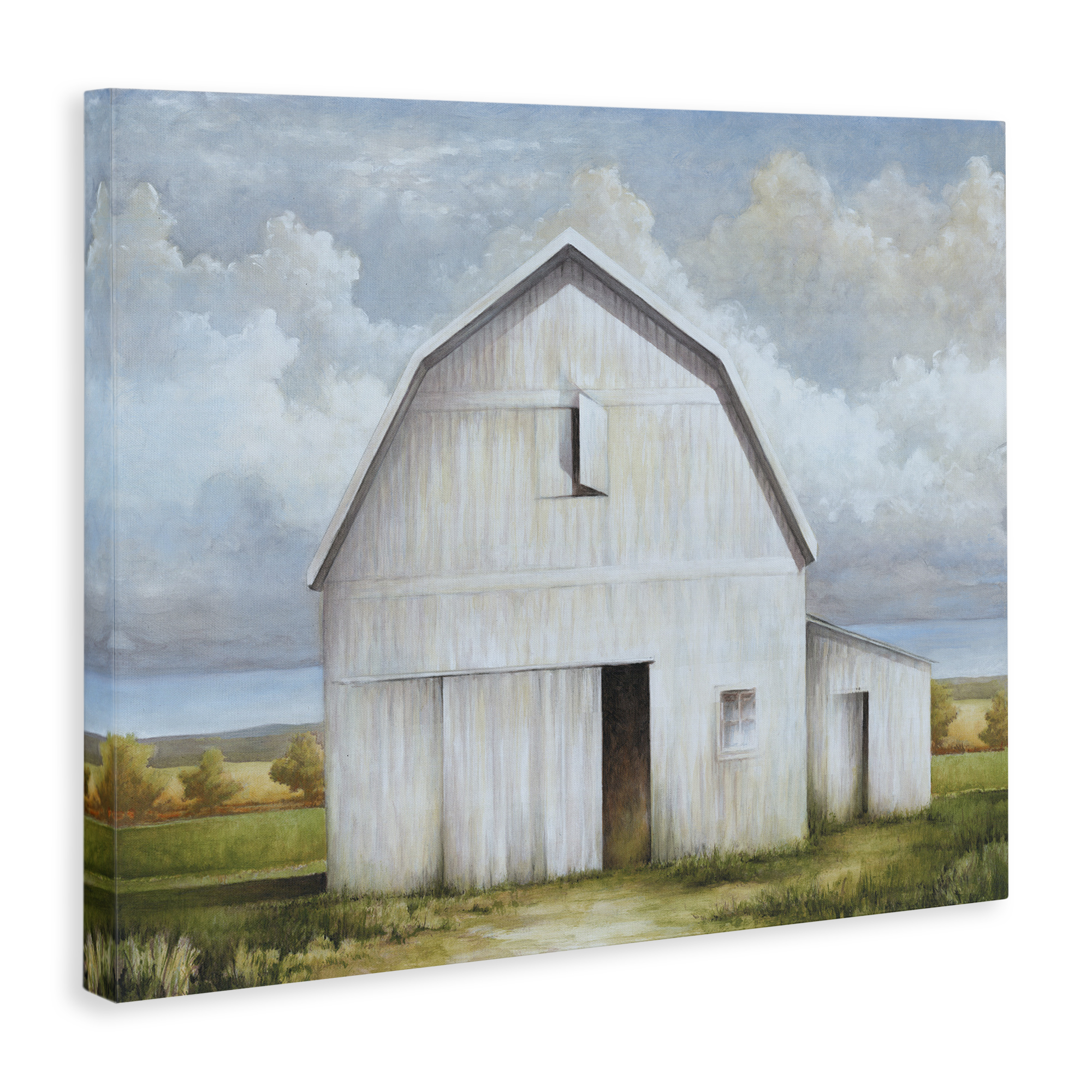 Stupell Industries White Barn with Clouds Landscape Painting Gallery Wrapped Canvas Art Print Wall Art, 30 x 24