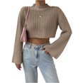 thumbnail image 6 of Wutalume Women's Solid Color Casual Bell Sleeve Knitted Short Sweater, Versatile Flared Sleeve Top, Lightweight Pullover for Transitional Seasons,Camel L, 6 of 8